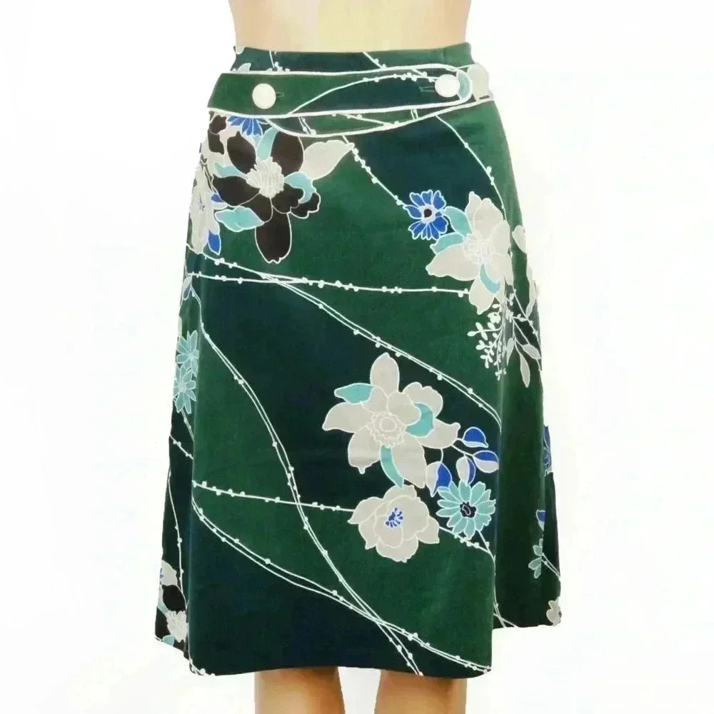 Vintage Dolly Sean Japan Harajuku Velvet Green Floral High Waist Skirt w Belt
